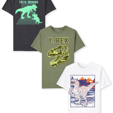 The Children's Place Boys' Short Sleeve Graphic T-Shirts, Multipack, Dino Fight/T. Rex/Dino 3-pack, Medium