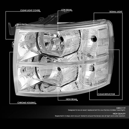 DNA MOTORING HL-OH-CSIL07-CH-CL1 Pair of Chrome Housing Headlights Compatible with 07-13 Silverado 1500/07-14 Silverado 2500 HD 3500