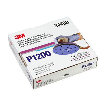 Disco Abrasivo Flexible 3M Hookit 34408, Lijado de Capa Transparente, Acabado de Pintura, Eliminación de Defectos, P1200, 6 in, 25 Discos/Caja