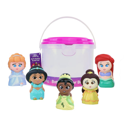 Disney Princess - Set de 5 juguetes de baño con chorros y cubo organizador - Juguetes de baño para bebés y niños pequeños - Incluye cubo organizador - Guarda los juguetes de agua para la hora del baño