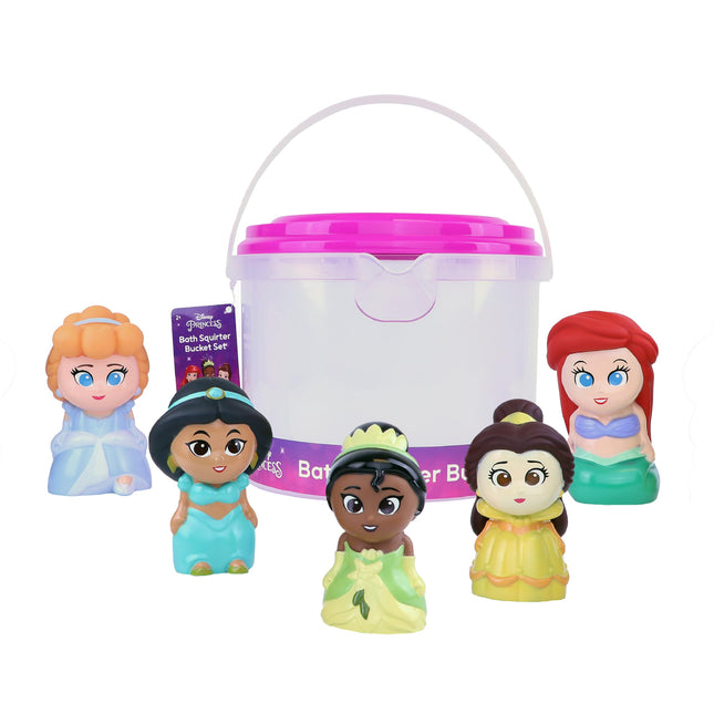 Disney Princess - Set de 5 juguetes de baño con chorros y cubo organizador - Juguetes de baño para bebés y niños pequeños - Incluye cubo organizador - Guarda los juguetes de agua para la hora del baño