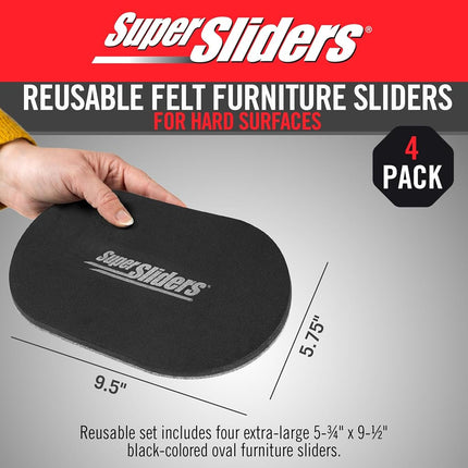 Super Sliders 5 3/4" x 9 1/2" Oval Reusable Furniture for Hard Surfaces - Effortless Moving and Surface Protection, Black (4 Pack)