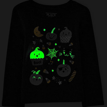 The Children's Place Baby Girls' and Toddler All Holidays Long Sleeve Graphic T-Shirts,multipacks, Halloween Doodle Print/Black 2-Pack, 12-18 Months
