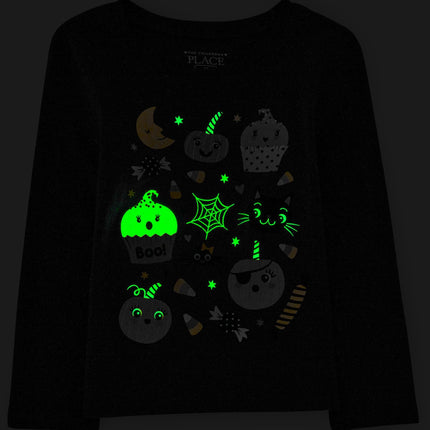 The Children's Place Baby Girls' and Toddler All Holidays Long Sleeve Graphic T-Shirts,multipacks, Halloween Doodle Print/Black 2-Pack, 18-24 Months