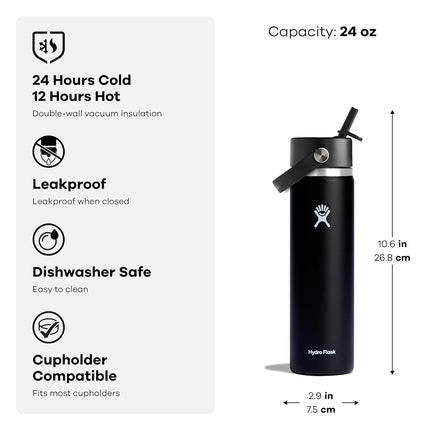 Hydro Flask Water Bottle - Insulated Stainless Steel - Wide Mouth Flex Straw Lid, Non Spill, Leakproof and Refillable in 24 Oz Nectar Orange