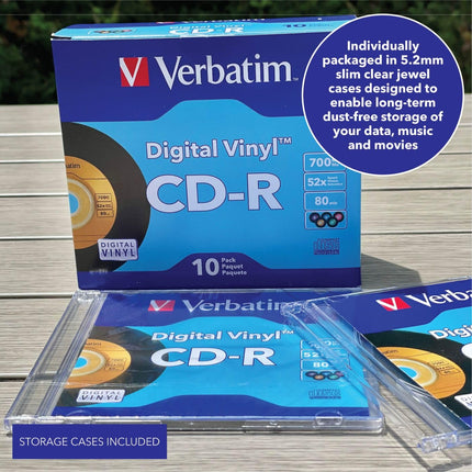 Verbatim CD-R Disques vierges 700 Mo 80 min 52x Disque enregistrable pour données et musique avec surface en vinyle numérique - Pack de 10 boîtiers minces bleu/vert/orange/rose/violet