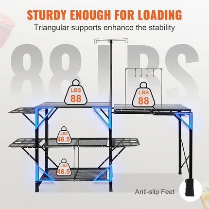 VEVOR Camping Kitchen Table, One-Piece Folding Portable Cook Station with A Carrying Bag, Long Aluminum Camping Table 3 Side Tables, 2 Shelves & A Detachable Sink for Outdoor Picnics, BBQs, Camping
