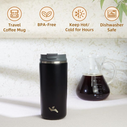 Konokyo Tumbler with Lid, 12 oz Travel Coffee Mug Double Wall Vacuum Stainless Steel Thermal Metal Cup Insulated Water Bottle,Black