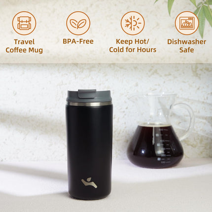Konokyo Tumbler with Lid, 12 oz Travel Coffee Mug Double Wall Vacuum Stainless Steel Thermal Metal Cup Insulated Water Bottle,Black