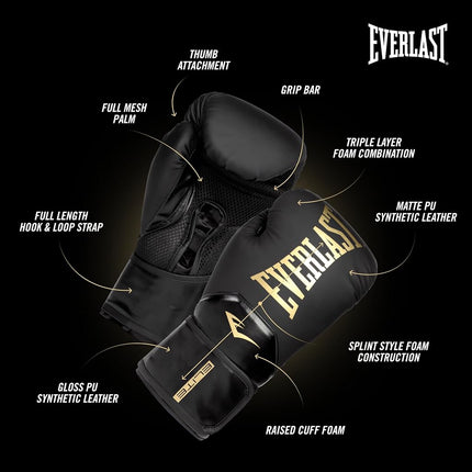 Everlast Elite 2 Boxing Gloves (Black/Gold, 8oz)