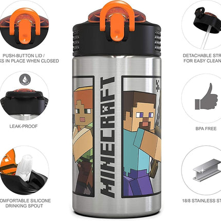 Zak Designs Minecraft - Stainless Steel Water Bottle with One Hand Operation Action Lid and Built-in Carrying Loop, Kids Water Bottle with Straw Spout is Perfect for Kids (15.5 oz, 18/8, BPA-Free)