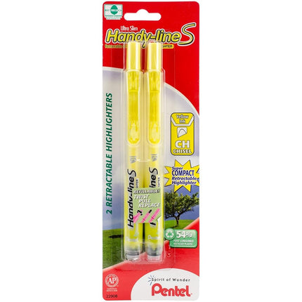 Pentel Handy-line S Retractable Highlighter, Chisel Tip, Yellow Ink, 2 Pack (SXS15BP2G)