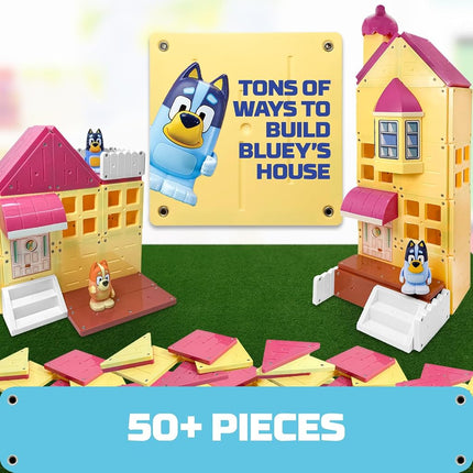 TILE TOWN Bluey Heeler Home and 4WD Vehicle Magnetic Tiles Construction Building Playset + Family Figures, Kids 3-5+, New ACTION TILES for Action Play, Realistic Builds, STEM Creative Toy