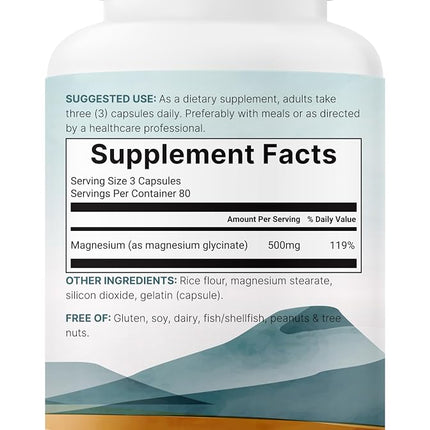 Magnesium Glycinate 500mg Per Serving, 240 Capsules | Potent Elemental Form, 100% Chelated, High Absorption | Healthy Muscle, Bones, & Mood Support Supplement | Non-GMO