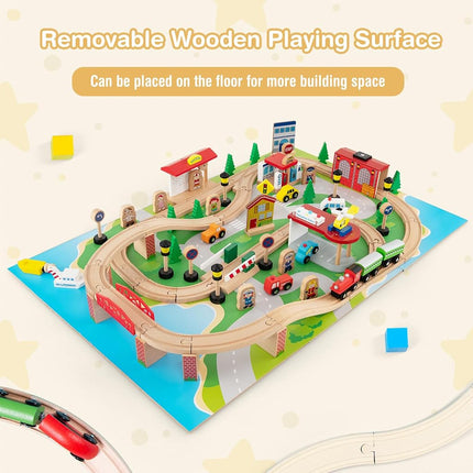 INFANS Train Table, 84 Pieces Wooden Kids Activity Toy Table Playset with Reversible Detachable Tabletop, Tracks, Train, Railway, City for Toddler Boys Girls