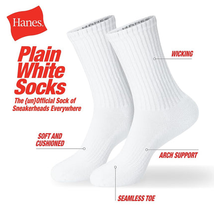 Hanes Unisex Plain White Socks Pack Or Plain Black Socks Pack, 6 Pairs, Cushioned Crew Style