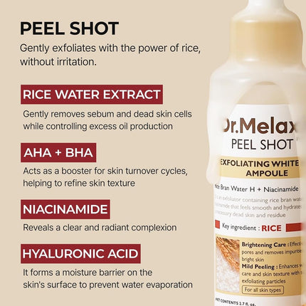 Dr.Melaxin Peel Shot Glow White Rice Peeling Ampoule 80ml, Dead Skin Gentle Exfoliating Ampoule with Rice Water Extract, AHA BHA, Niacinamide, Daily Skin Texture Care, All Skin Types, Korean Skincare