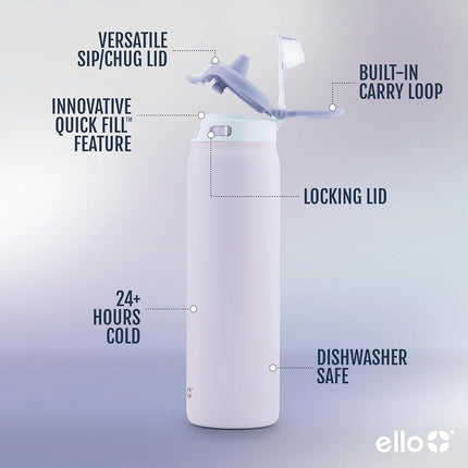 Ello Pop 32oz Stainless Steel Water Bottle with Quick Fill, Double Walled & Vacuum Insulated, Leak Proof Locking Lid, Sip & Chug, BPA Free, Aurora