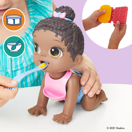 Baby Alive Lil Snacks Muñeca, muñeca con cabello negro de 20 cm que come y hace popó, con temática de merienda para niños de 3 años en adelante