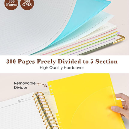 Hardcover Large Spiral Notebook 8.5" x 11" with Removable Dividers Tabs, 300 pages Leather 5 Subject Notebook College Ruled, A4 Journal for Women Men, Notebooks for Work School Note taking, Green
