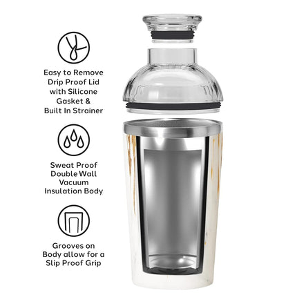 OGGI Groove Insulated Cocktail Shaker-17oz Double Wall Vacuum Insulated Stainless Steel Shaker, Tritan Lid has Built in Strainer, Ideal Cocktail Mixer, Martini Shaker, Margarita Shaker, Gold Marble
