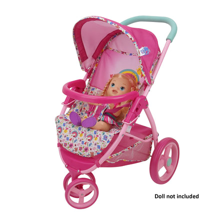 Baby Alive: Cochecito para muñecas – Rosa y arcoíris – Se adapta a muñecas de hasta 61 cm, capota retráctil, barra de seguridad delantera, ruedas giratorias, arnés de seguridad, juego de imitación para niños a partir de 3 años