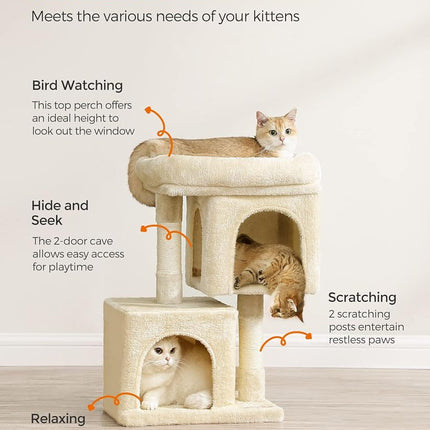 Feandrea Cat Tree Tower, 67 cm, S, Condo for Kittens up to 7 lb, Large Perch, 2 Caves, Scratching Post, Beige UPCT611M01
