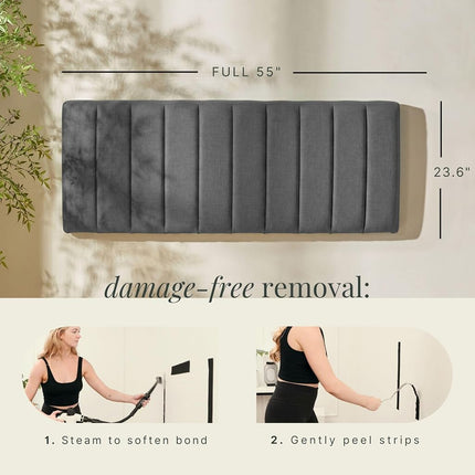 Upholstered Full Headboard - Easy Assemble Channel Stitched Headboard Full Size - Wall Mounted Headboards with 3D Soundproof Wall Panels Peel & Stick Floating Headboards, Grey