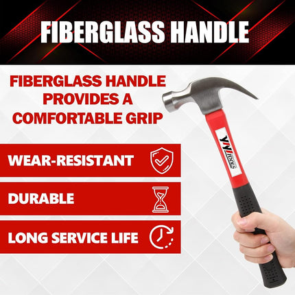 YIYITOOLS Claw Hammer with Fiberglass Handle – 16-oz, Red and Black