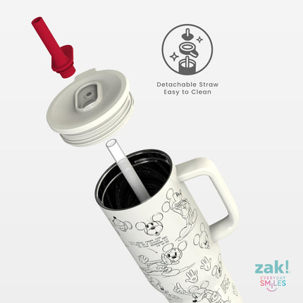 Zak Designs Vaso de viaje Sutton de Disney para llevar, 887 ml, acero inoxidable con aislamiento al vacío, pajita de silicona y asa de transporte para bebidas frías (boceto de Mickey Mouse)