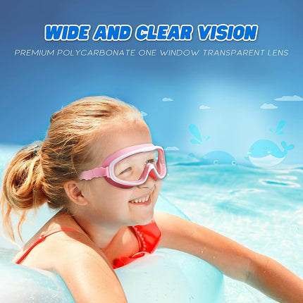 KAILIMENG 2 Pack Kids Swim Goggles, Clear Wide View No-Leak Anti-Fog UV Protection Swimming Glasses with Nose Clip Earplugs for Toddlers Youth Child 3-15 Years Old (Pink & Purple, 2 Pack)