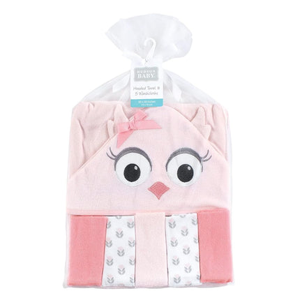 Hudson Baby Unisex Baby Hooded Towel and Five Washcloths, Pink Owl, One Size