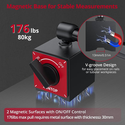 XUNTOP Dial Indicator 20mm/0.01mm with 176lbs/80kg Magnetic Base,Imperial Dial Test Gauge Set for Lathe,3D Printer,CNC,Car,Laboratory