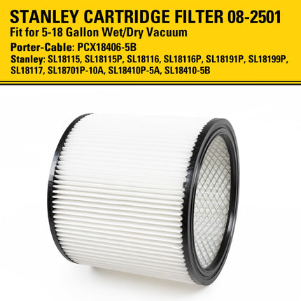 Stanley 08-2501 Filtro de cartucho, apto para la mayoría de aspiradoras de líquidos y sólidos de 5-18 galones, compatible con SL18115, SL18115P, SL18116, SL18116P, SL18191P, SL18199P, SL18117, SL18701P-10A, SL18410P-5A