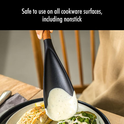 STAUB Multifunction Spatula Spoon, Great for Both Cooking and Serving Durable BPA-Free Matte Black Silicone, Acacia Wood Handles, Safe for Nonstick Cooking Surfaces