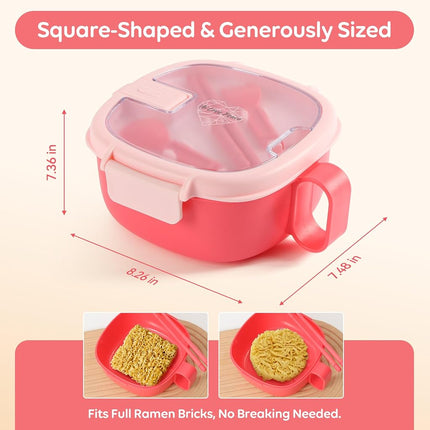 AI Love Peace Microwave Ramen Bowl with lid and Utensils (Bright Pink)