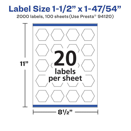Avery Matte White Hexagon Labels with Sure Feed, 1.5" x 1-47/54", 2,000 White Labels, Print-to-The-Edge, Permanent Label Adhesive, Laser/Inkjet Printable Labels