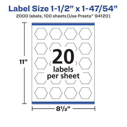 Avery Matte White Hexagon Labels with Sure Feed, 1.5" x 1-47/54", 2,000 White Labels, Print-to-The-Edge, Permanent Label Adhesive, Laser/Inkjet Printable Labels