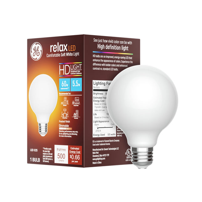 GE Relax LED Globe Light Bulbs, 5.5 Watt (60 Watt 