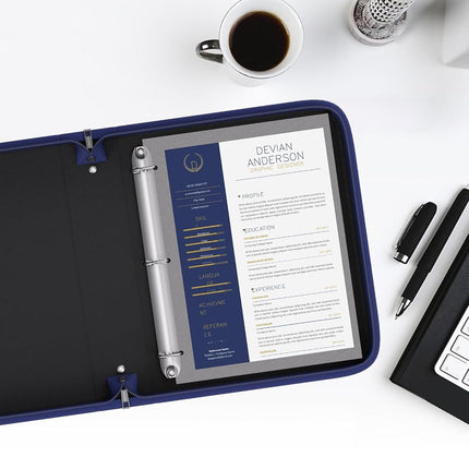 ZOOPIP Fireproof 3 Ring Binder Document Folder with Zipper, 1.5 Inch D Rings Hold up 375 Sheets of 8.5'' x 11'' (A4), Compatible with Clear Page Protectors, Built-in Net and Pen Holder(Blue, 1 Pcs)