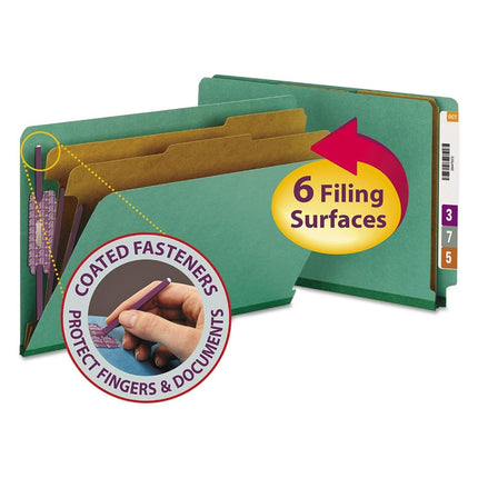 Dossier de classement en carton pressé 100 % recyclé Smead à onglet latéral avec attaches SafeSHIELD, 2 intercalaires, extension de 5 cm, format légal, vert, 10 par boîte (29785)