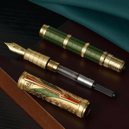 Hongdian D5X Fountain Pen Green Qin Dynasty Writing Pen, Fine Nib Smooth Pen with Converter and Pen Box Set