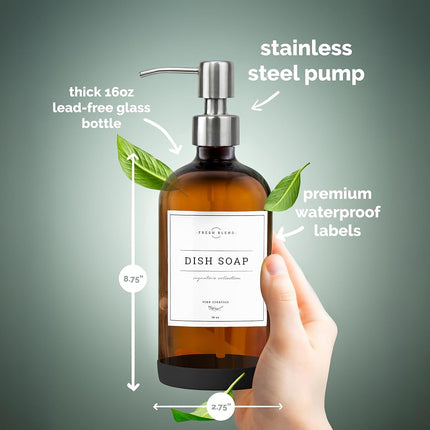 Vine Creations Amber Glass Soap Dispenser 2 Pack, Thick 16oz Bottles with Rustproof Stainless Steel Pump, Modern Farmhouse Vintage Jar, Bathroom Kitchen Accessories, Dish and Hand Soap Labels (Silver)