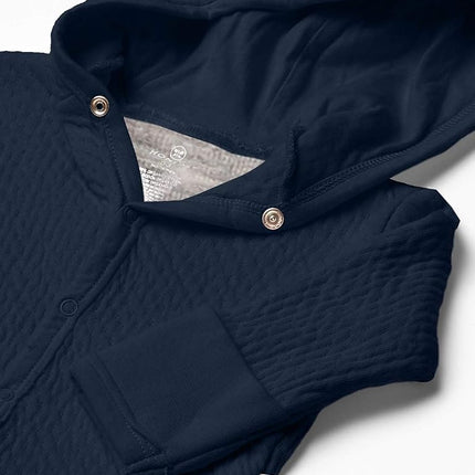 HonestBaby Chaqueta con Capucha de Algodón Orgánico Matelasse con Broches Delanteros para Bebés Unisex Niños y Niñas, Azul Marino Oscuro, 6-9 Meses