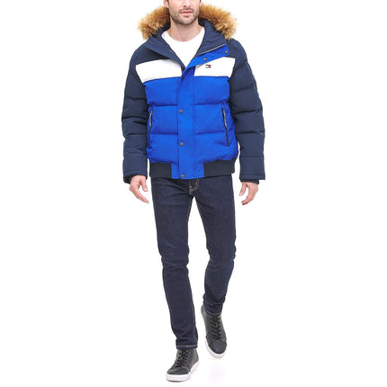Tommy Hilfiger Men's Arctic Cloth Quilted Snorkel Bomber Jacket Parka, Navy/White/Royal, XXL