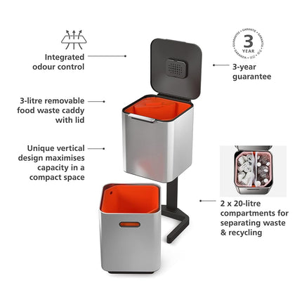 Joseph Joseph Totem Compact 40 Litre Waste Separation and Recycling Kitchen Bin, Stainless Steel