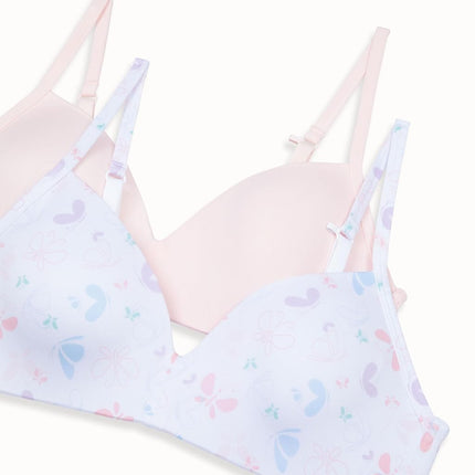 Hanes Girls' Molded Wirefree Bra 2 Pack, Buttterfly Toss/Light Buff, 30A