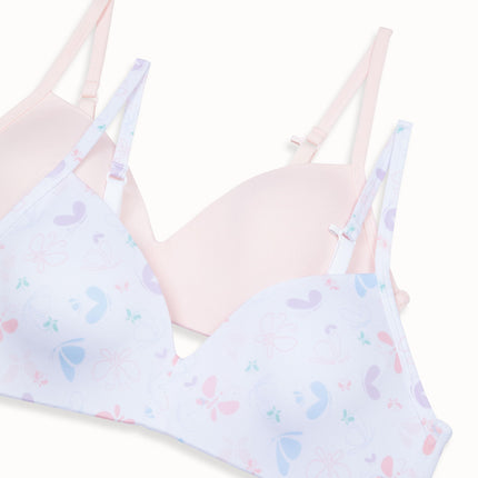 Hanes Girls' Molded Wirefree Bra 2 Pack, Buttterfly Toss/Light Buff, 38A