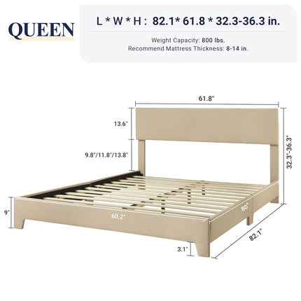 Allewie Queen Size Bed Frame with Adjustable Headboard, Upholstered Platform Bed with Wood Slats, Heavy Duty Mattress Foundation, No Box Spring Needed, Noise-Free, Easy Assembly, Beige