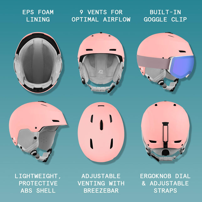 Retrospec Zephyr Ski & Snowboard Helmet for Adults - Adjustable with 9 Vents - Impact Resistant ABS Shell & EPS Foam - Matte Rose, Medium 55.5-59cm